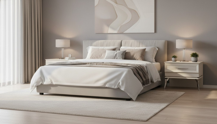 Cama moderna con 2 mesitas de lujo de diseño en madera