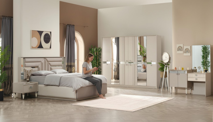 Juego de dormitorio completo de 5 piezas cama 2 mesitas armario tocador madera