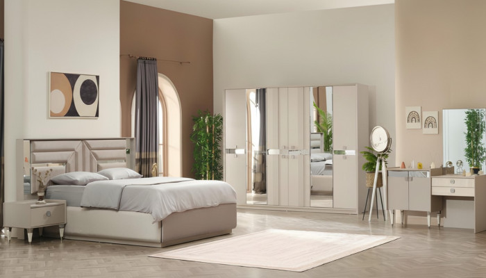 Juego de dormitorio completo de 5 piezas cama 2 mesitas armario tocador madera