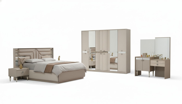 Juego de dormitorio completo de 5 piezas cama 2 mesitas armario tocador madera