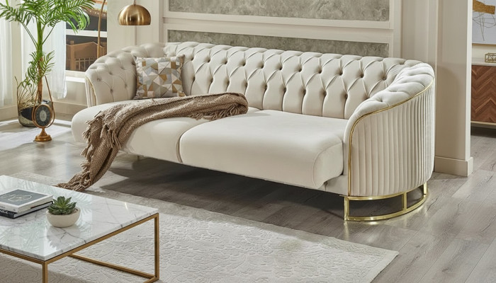 Sofá Chesterfield blanco de tres plazas para sala de estar