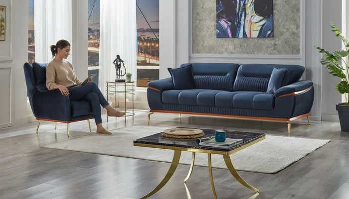Juego de sofás completo 3+1 plazas salón tejido azul moderno muebles tapizados