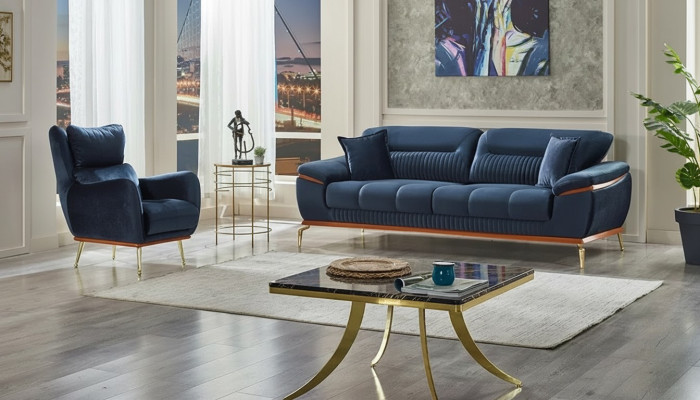 Juego de sofás completo 3+1 plazas salón tejido azul moderno muebles tapizados