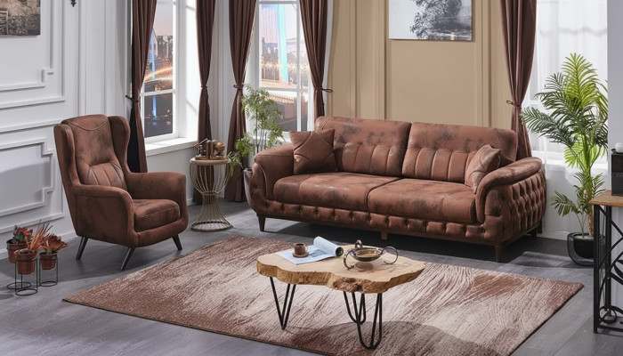Sofá marrón de tres plazas con sillón de diseño para sala de estar