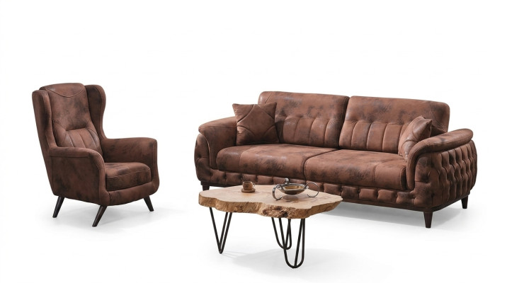 Sofá marrón de tres plazas con sillón de diseño para sala de estar