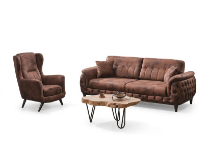 Sofá marrón de tres plazas con sillón de diseño para sala de estar