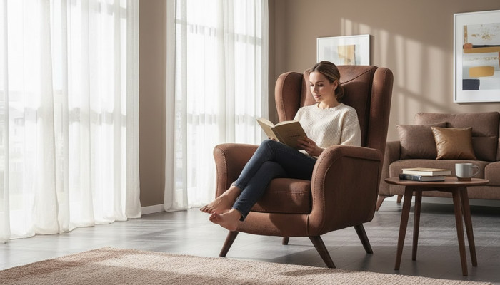 Sillón moderno de lujo para sala de estar tapizado en piel marrón