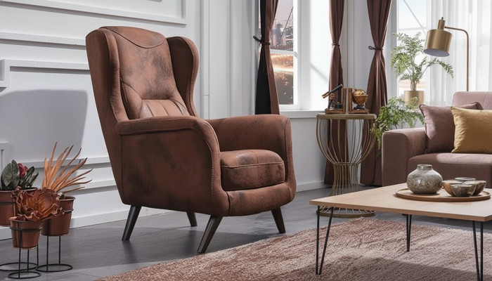 Sillón moderno de lujo para sala de estar tapizado en piel marrón