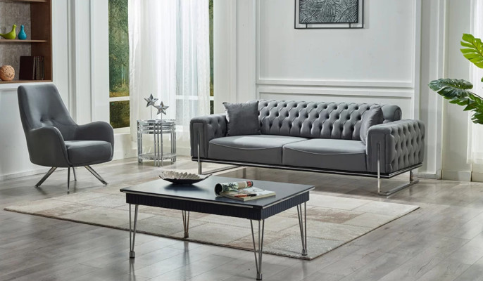 Juego de sofá de diseño moderno de 2 piezas gris estilo Chesterfield