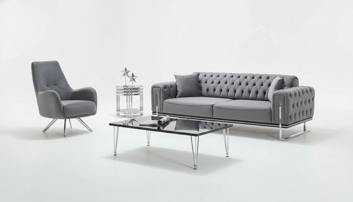 Juego de sofá de diseño moderno de 2 piezas gris estilo Chesterfield