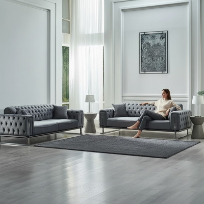 Sofá Chesterfield 2x 3 plazas lujo gris muebles tapizados salón