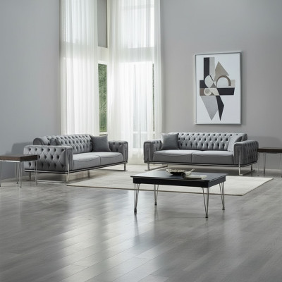 Sofá Chesterfield 2x 3 plazas lujo gris muebles tapizados salón