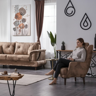 Sofá beige de 3 plazas para sala de estar de tela moderna de lujo