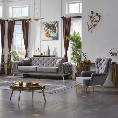 Sofá de lujo de 3 plazas con sillón set sofá salón Chesterfield gris
