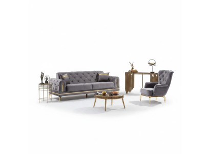 Sofá de lujo de 3 plazas con sillón set sofá salón Chesterfield gris