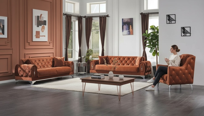 Juego de sofás de salón 3 piezas Chesterfield marrón 3+3+1 plazas