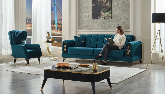 Juego de muebles tapizados de 2 piezas sofá de 3 plazas con sillón verde
