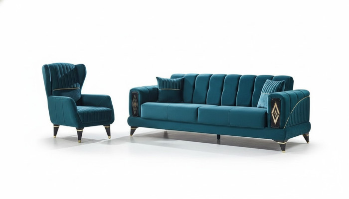 Juego de muebles tapizados de 2 piezas sofá de 3 plazas con sillón verde