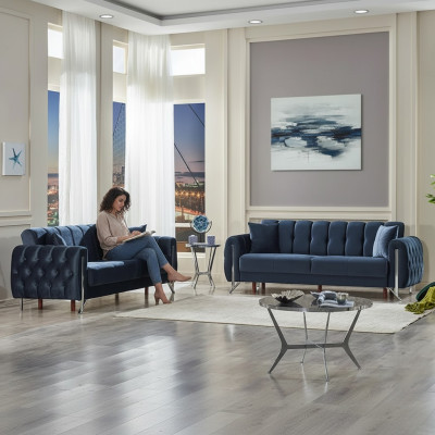 Muebles tapizados 2x sofá de tres plazas completo en tejido azul para sala de estar
