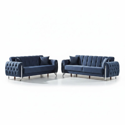Muebles tapizados 2x sofá de tres plazas completo en tejido azul para sala de estar