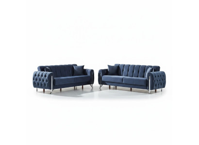 Muebles tapizados 2x sofá de tres plazas completo en tejido azul para sala de estar