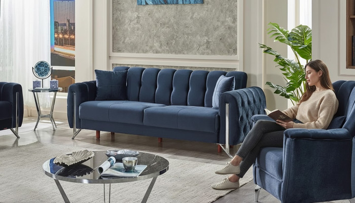 Sofá moderno de diseño para 3 personas tapizado en tejido azul