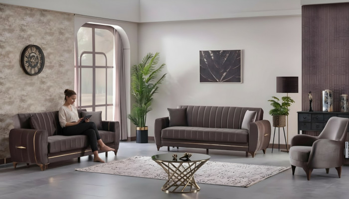 Conjunto de sofás moderno de 3 piezas diseño textil marrón 3+3+1 salón
