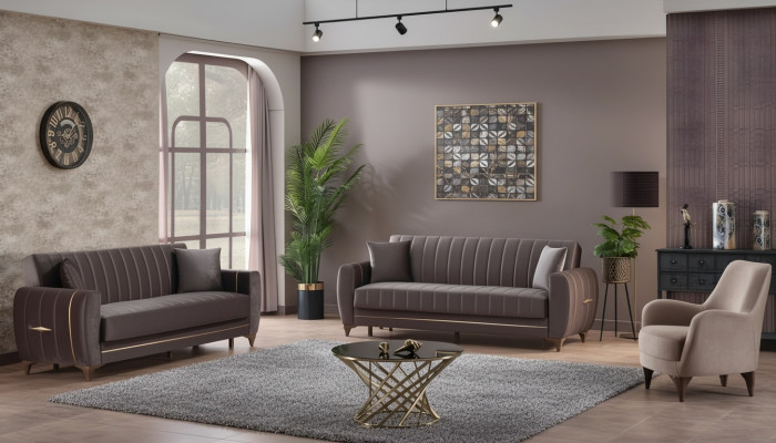Conjunto de sofás moderno de 3 piezas diseño textil marrón 3+3+1 salón
