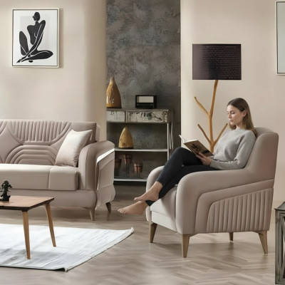 Sillón beige de diseño moderno tapizado para sala de estar