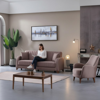 Sofá gris completo de 2 piezas para sala de estar con sillón y sofá de 3 plazas