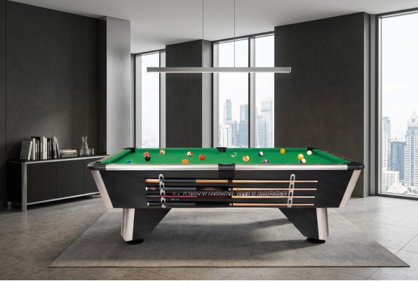 Mesa de billar de madera negra con marco de aluminio e iluminación LED