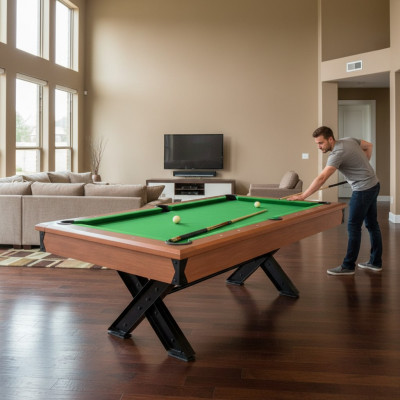 Mesa de billar de madera marrón con marco de metal y elegante