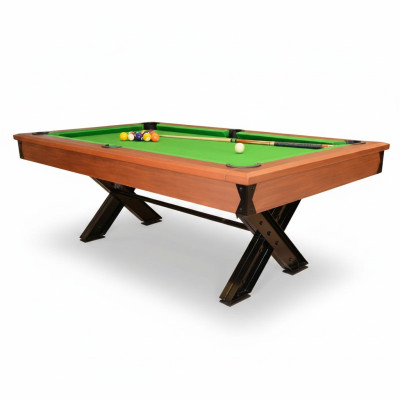 Mesa de billar de madera marrón con marco de metal y elegante
