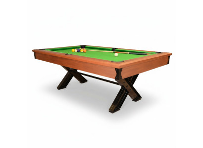 Mesa de billar de madera marrón con marco de metal y elegante