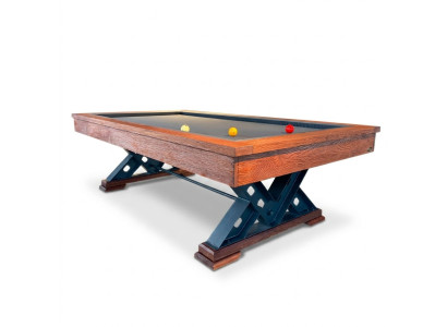 Mesa de madera maciza marrón con patas de acero y superficie de juego de mármol