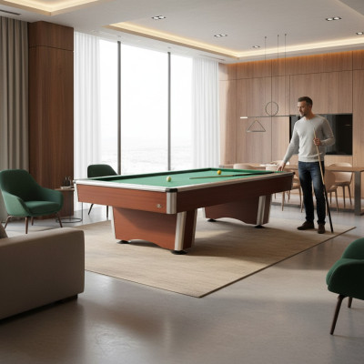 Mesa de billar moderna de madera marrón con marco de aluminio
