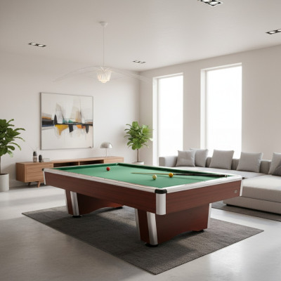Mesa de billar moderna de madera marrón con marco de aluminio