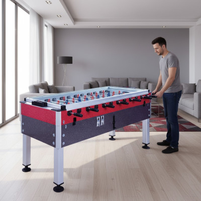 Mesa de futbolín profesional roja y gris de aluminio y MDF