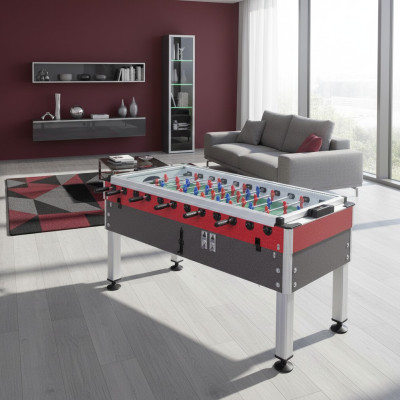 Mesa de futbolín profesional roja y gris de aluminio y MDF