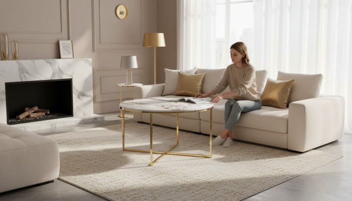 Mesa de centro moderna para la sala de estar con superficie de mesa de metal minimalista en beige, nueva.
