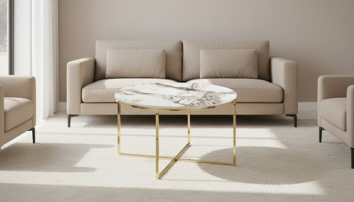 Mesa de centro moderna para la sala de estar con superficie de mesa de metal minimalista en beige, nueva.