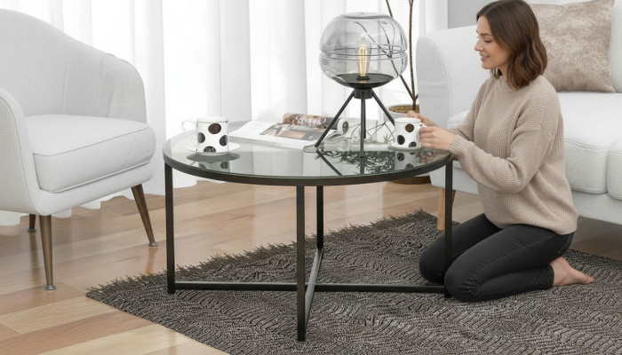Mesa de centro Sala de estar de lujo Muebles de comedor Vidrio + Metal negro de alta calidad