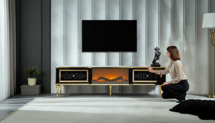 Mueble de televisión negro con chimenea simulada, muebles elegantes para la sala de estar.