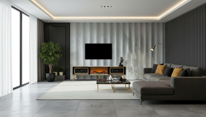 Mueble de televisión negro con chimenea simulada, muebles elegantes para la sala de estar.
