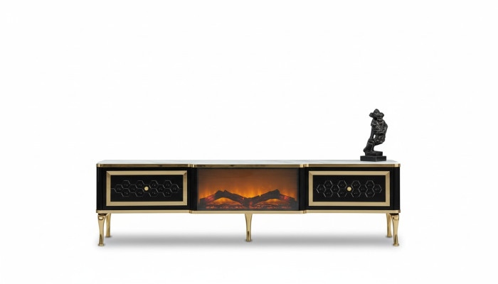 Mueble de televisión negro con chimenea simulada, muebles elegantes para la sala de estar.