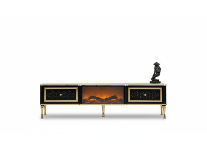 Mueble de televisión negro con chimenea simulada, muebles elegantes para la sala de estar.