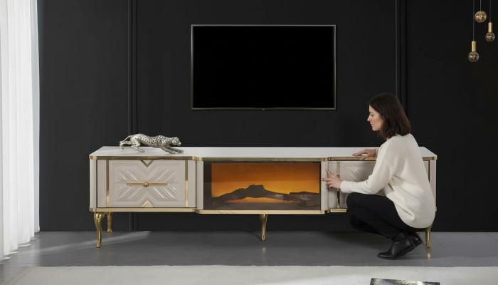 Aparador de sala de estar blanco + dorado Chimenea de lujo Mueble de TV exclusivo