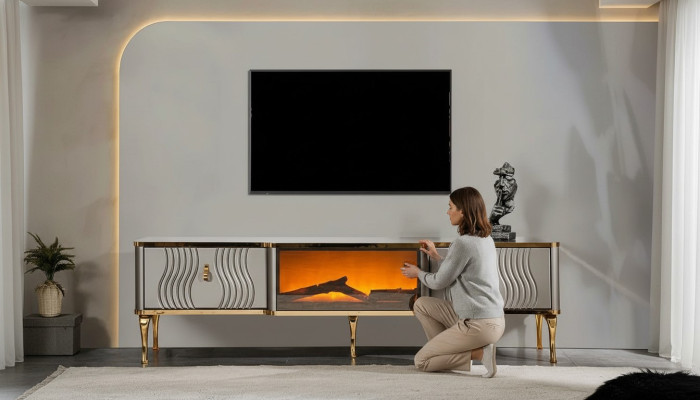 Mueble de TV blanco con tablero de fibra de madera dorado + metal Sala de estar muebles de TV.