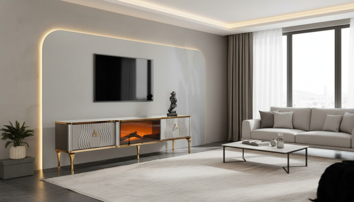 Mueble de TV blanco con tablero de fibra de madera dorado + metal Sala de estar muebles de TV.