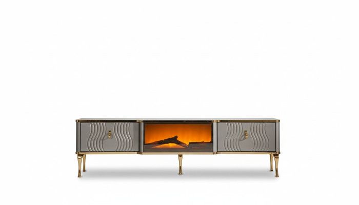 Mueble de TV blanco con tablero de fibra de madera dorado + metal Sala de estar muebles de TV.